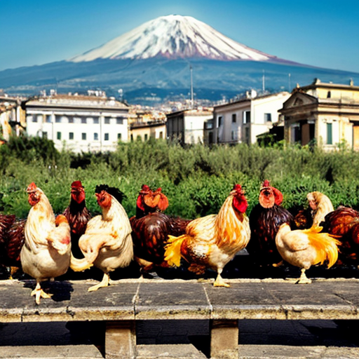 Crea un immagine che contenga un gruppo di galline, in centro a Catania e sullo sfondo l'Etna. Il tutto deve essere circondata da fichi d'india e arance
