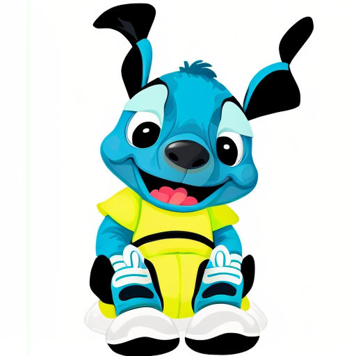 Stitch as a giant sitting down wearing his diaper and sneakers 