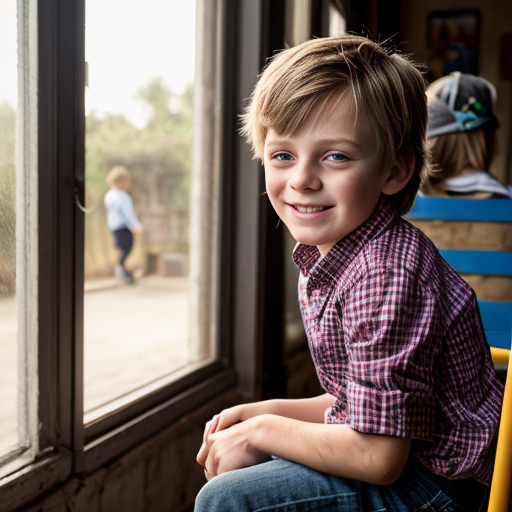 A touching painting split into two parts. Bottom half: a tired but hopeful child laborer (age 10-12) sitting at a street corner with shoeshine box, wearing simple clothes, dark gray and brown colors. Top half: magical window opening above the child showing colorful dreams - child studying at school, child playing on a swing, child with loving family celebrating birthday, child becoming a doctor. Warm golden light beams from dreams onto the child's face. A small bird sitting nearby. Contrast between dark reality and bright dreams.