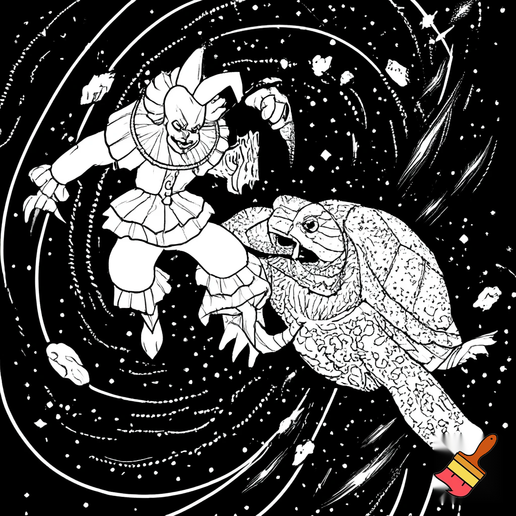 A coloring page of pennywise from IT fighting the giant turtle in space.