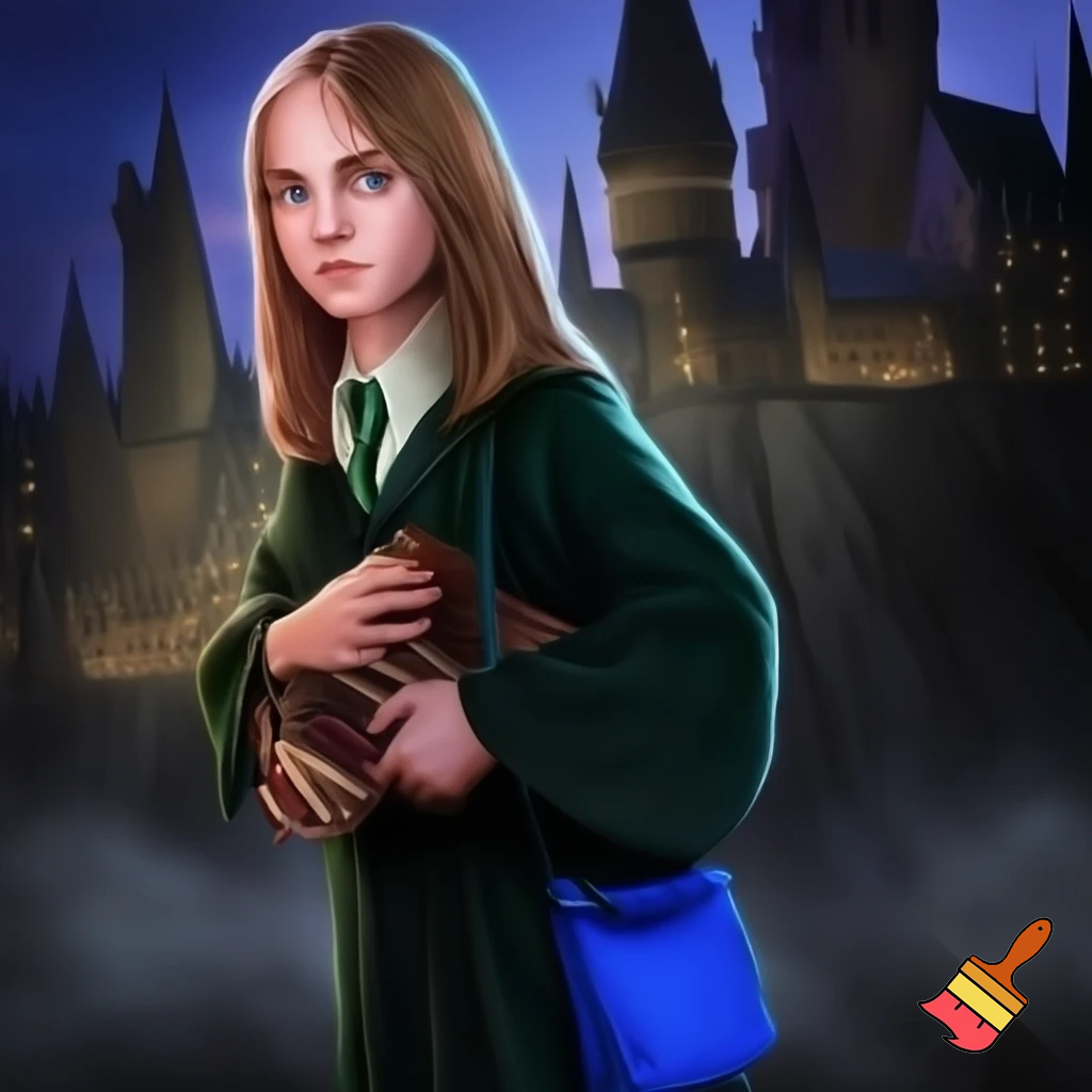 Make me a picture of a young 14 year old girl with straight brownish-blonde hair and pale skin and glasz colored eyes. She is wearing Slytherin robes and standing in front of Hogwarts holding her books and she has a small blue side bag
