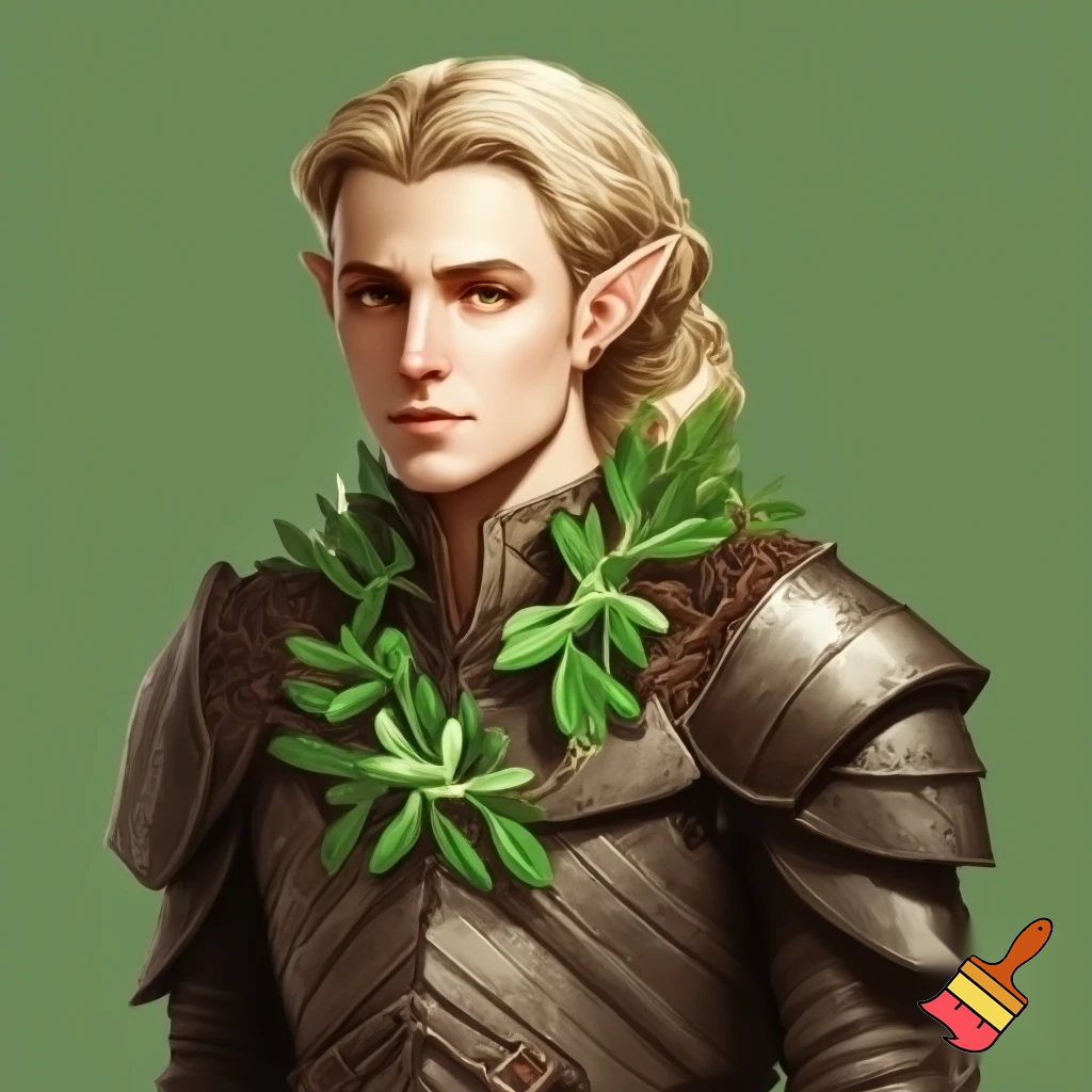younger male wood elf sage circle of the stars druid pale skin blond hair hazel eyes leather armor with a sprig of mistletoe as a necklace