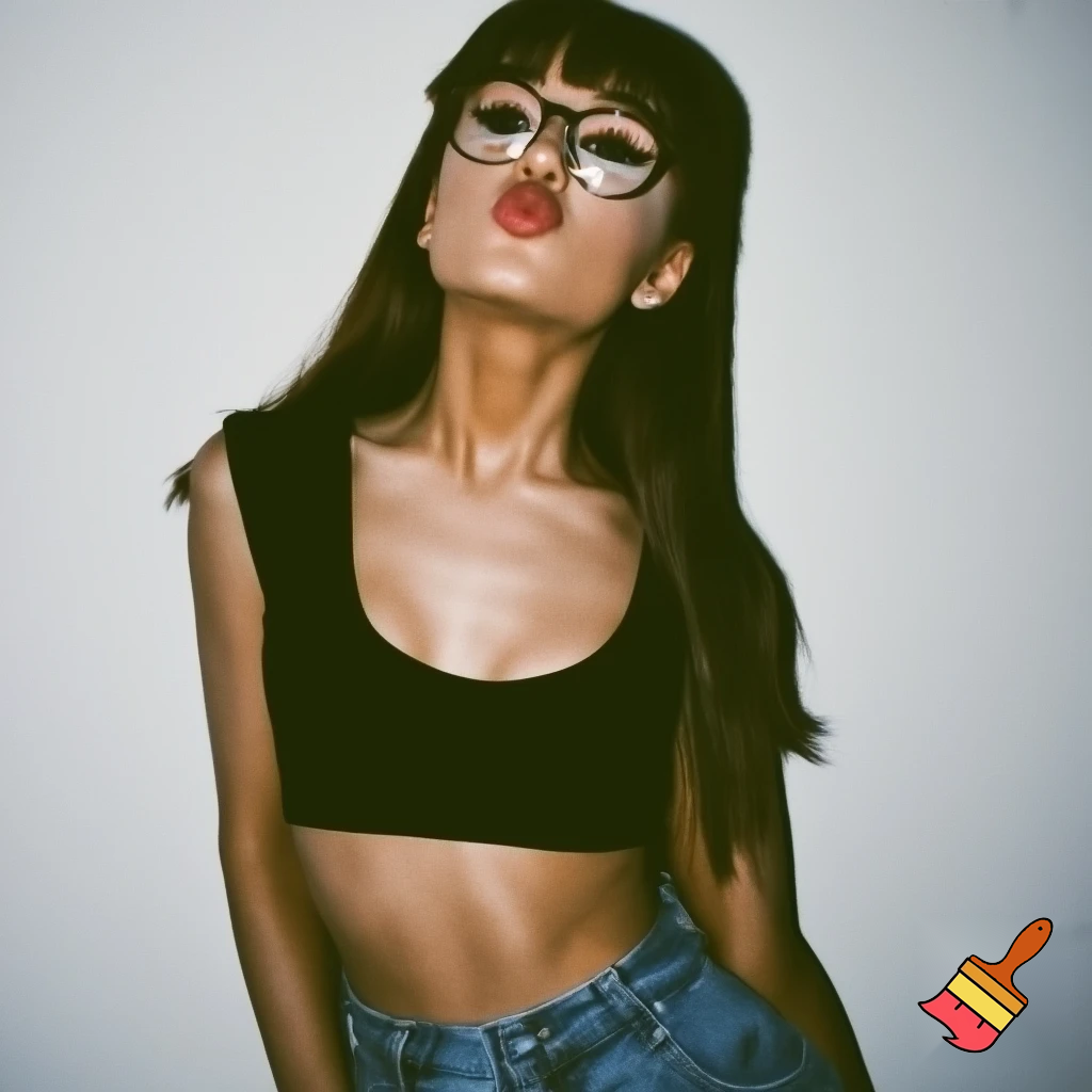 ariana grande with bangs with a black crop top with jeans with glasses posing in a white wall ,2017 quality ,grainy aesthetic posing ,she is doing the kiss lips pose ,realistic, close up 