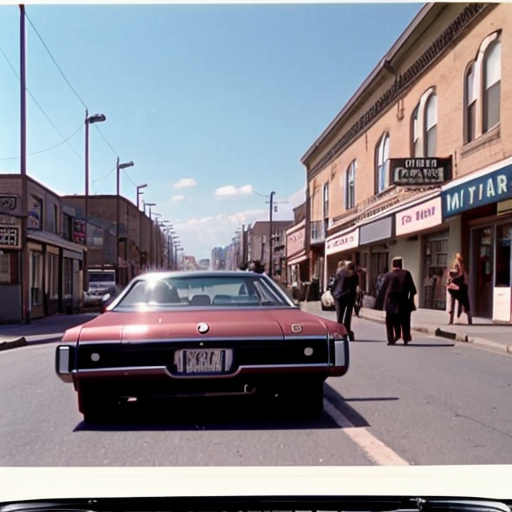 vintage vhs film tape video of a 1970s town with 1970s cars moving in it and 1970s people walking on the side walks