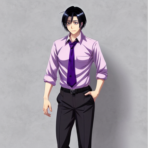 a anime tall guy with black hair purple eyes business pants anime.

 