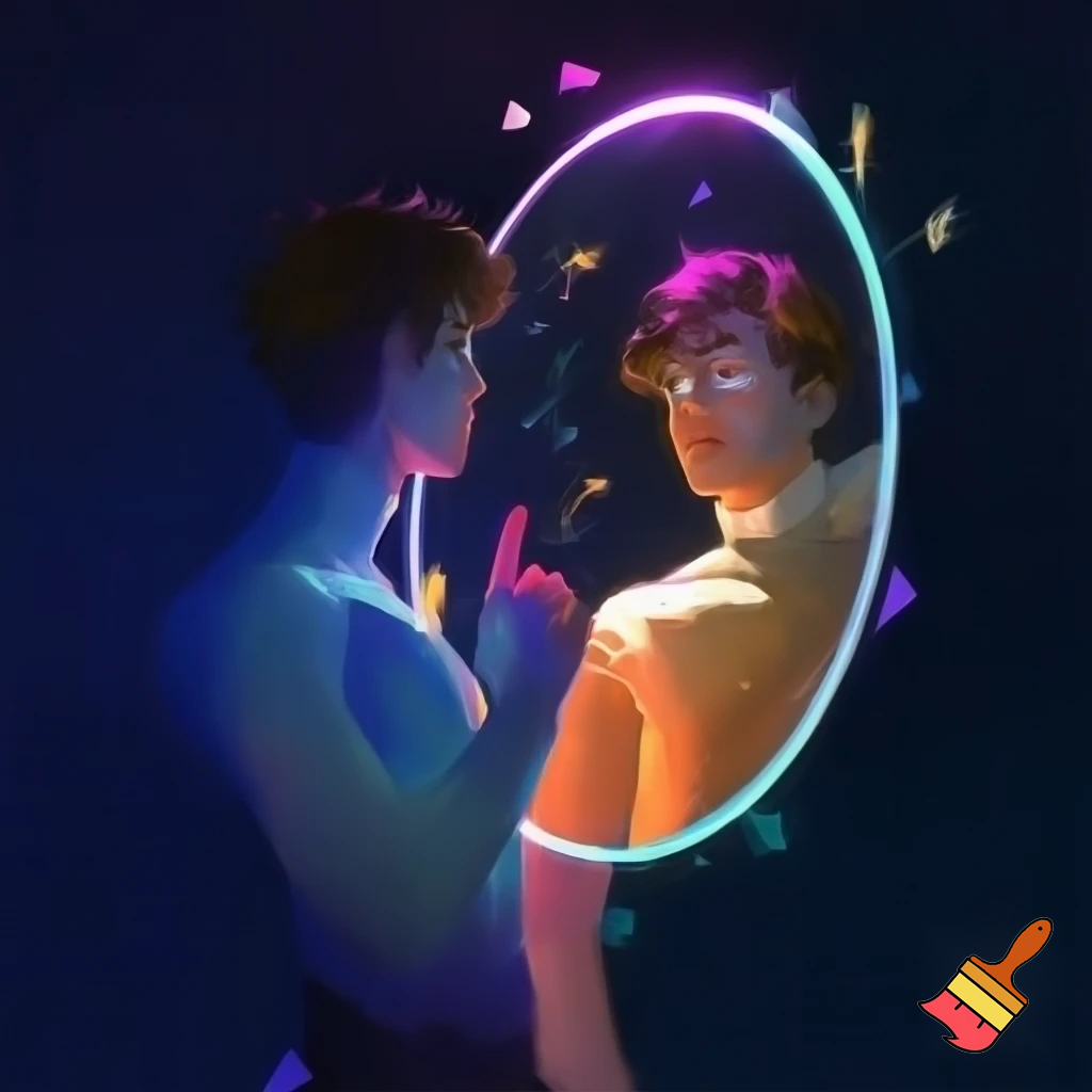 A young man stands in a dim, surreal void — half of his body illuminated by soft blue light, the other half fading into warm amber tones. In front of him floats a massive, circular mirror suspended midair, rippling faintly like liquid glass. The mirror’s surface reflects not him exactly — but a slightly different version: same face, same pose, yet with glowing eyes and hair flowing upward as if under water.

Tiny shards of light — like pieces of shattered stars — drift around them, glowing faintly in hues of violet, teal, and gold. The atmosphere feels weightless, as though gravity doesn’t fully exist here. The ground beneath him reflects faint light but fades quickly into darkness, creating the illusion of infinite space.

His expression is calm but filled with awe — one hand raised toward the mirror’s surface, fingertips almost touching the reflection. The reflected hand mirrors him perfectly, except the other version’s expression is slightly different: more confident, knowing, almost divine.

The lighting is dynamic — sharp cell-shaded highlights define his hair, clothes, and skin edges, while soft realistic gradients and subsurface glow bring life to the ambient light. Shadows fall gently on his neck and under the jawline with painterly precision.

The color palette blends deep navy, indigo, and subtle magenta, accented by soft neon blues for rim lighting. The mirror’s edge emits a faint halo, like it’s alive, refracting the light onto the character’s skin.

The background dissolves into misty cosmic forms — vague suggestions of galaxies and flowing light, never overpowering but enough to give depth. The scene feels silent, as if sound cannot exist here — only stillness and the hum of energy between two realities.

Rendered in realistic cell-shading: crisp edge highlights, smooth light falloff, visible reflection on skin and glass, realistic materials with stylized light. Every surface feels touchable, from the soft fabric folds of his jacket to the faint smudge on the mirror’s glow.