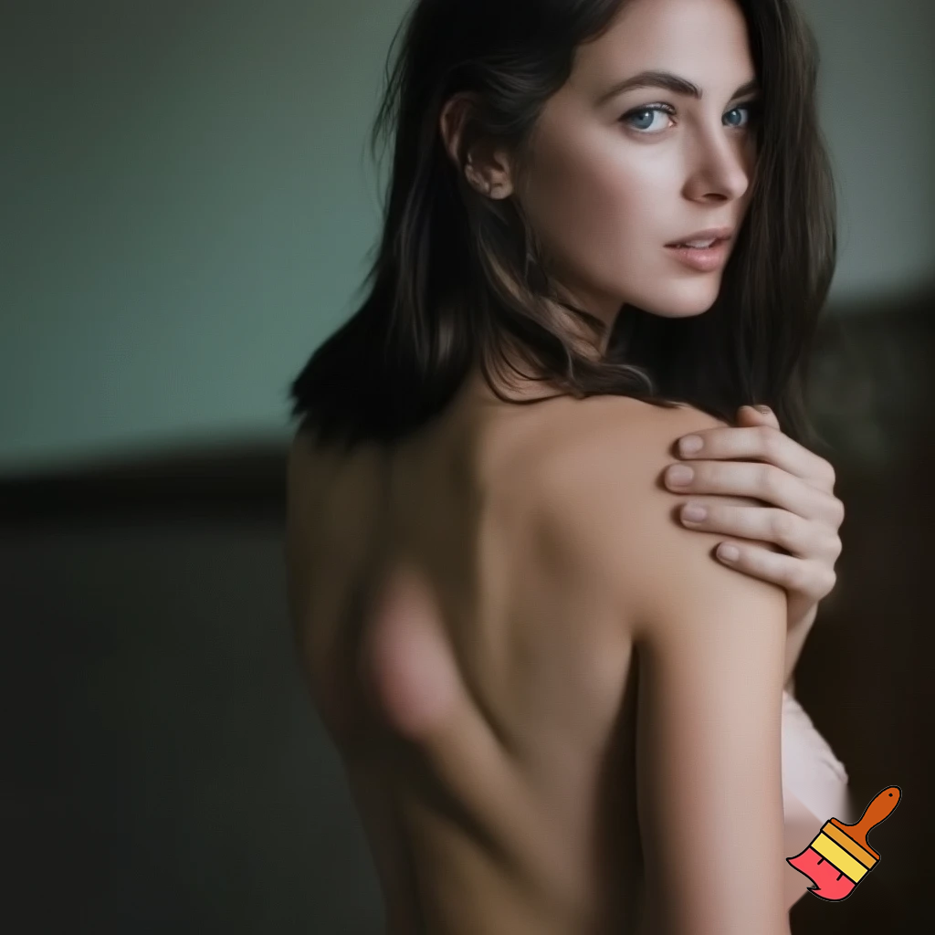 A young brunette woman with blue eyes, slim with generous breasts and a hairy pussy, spreading her buttocks and having a large anal prolapse.