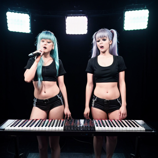 Two girls (both adults) standing while two spotlights slightly shine over them while playing synths (there are two synths, one in front of each of them), facing each other (as in, not side by side) and looking very sad and tearing up, one with very long, non-curly, light blue hair, and the other with lavender hair in a ponytail, both shirtless and barefoot, with medium-sized eyes, and wearing black Adidas shorts with logo, white outlines, and v-cuts (full body shown), there are also two microphones pointing at them (they aren't singing tho). For extra stakes, this is a synth duel, final round, and the two girls are synthing for their life because two floating hands with black tuxedo sleeves and white gloves (one on each side) are pointing guns behind their heads, only one synther will survive, so they better not slip up their piece. Also, anime, but the background colors look vibrant blue, and the stage is lit up with a big, white, very bright screen saying "Synth Duel: Final Round" in light blue, all uppercase, non-pixelated letters. 