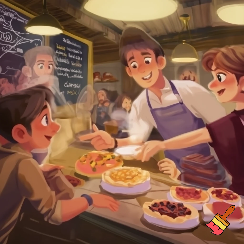 Understand what customers feel when they enter (hungry, rushed, excited).


Observe how they interact with the shop (waiting, choosing flavors, finding seats).


Listen to their comments about taste, service, prices, and menu options.


Identify emotional needs (comfort, freshness, speed, friendliness).


Recognize pain points (long waits, sold-out pies, limited options).



can you create an image based on above point into 
pie shop 