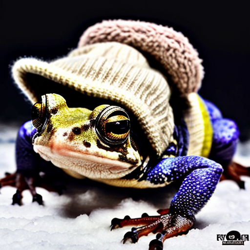 A laughable, puzzled animal toad in woolen, multicoloured winter clothings with woolen winter cap. Hyperrealistic art style.