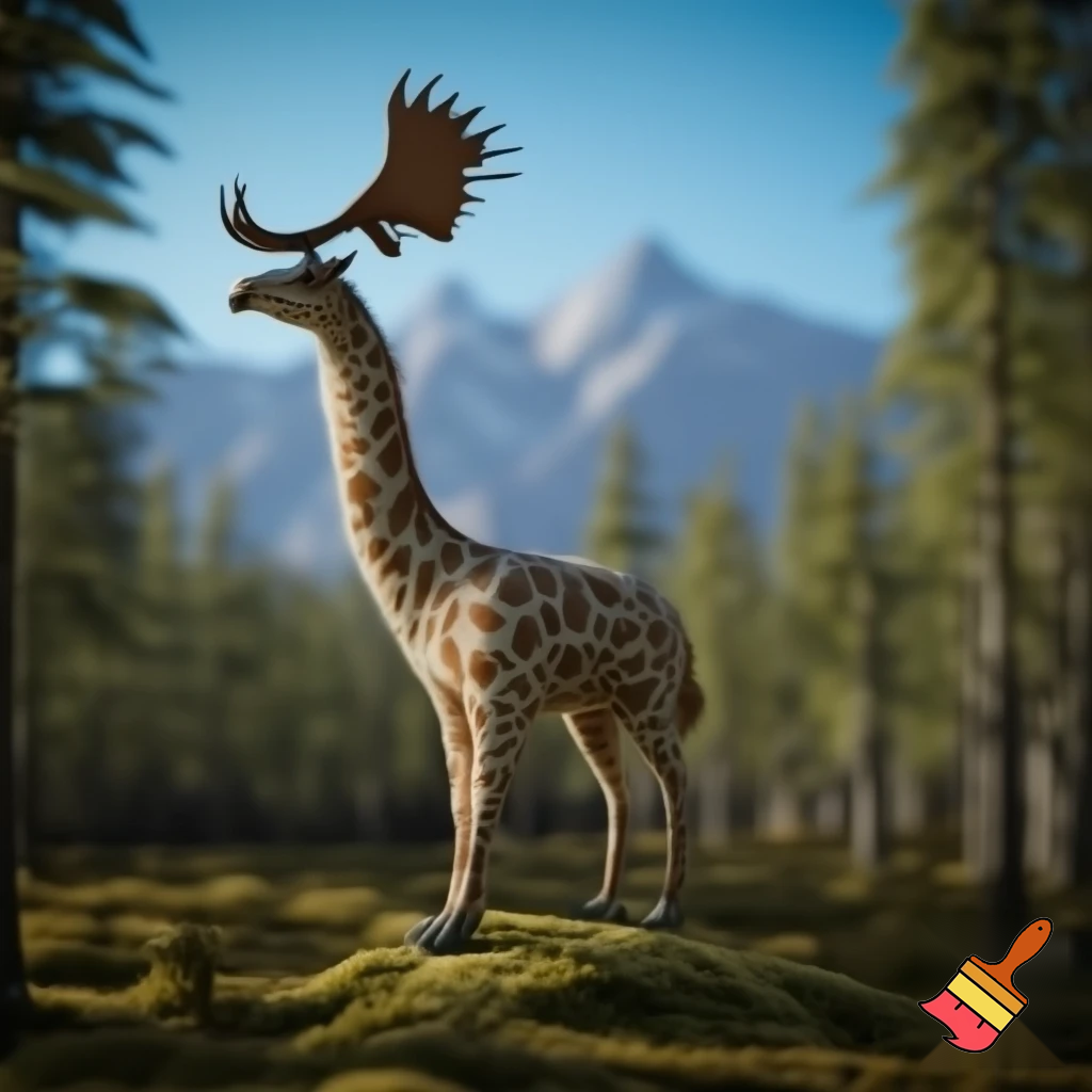 A hybird real life llama + girffe + hawk + moose forset back mountain on