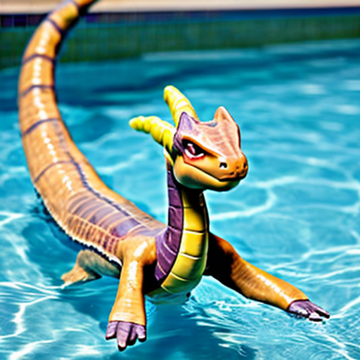 A dragonite wearing a tight blue speedo, swimming in a pool