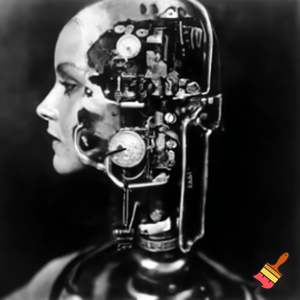 Bio-mechanical girl portrait, noise art. In the style of a 1920's German Expressionism. Black & white.
