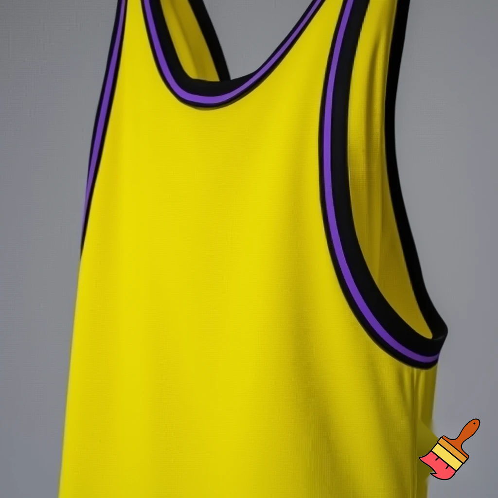 a full view yellow singlet with a black stripe around the edge than a purple one before it 