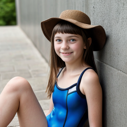 Una ragazza di 11 anni bella con capelli a caschetto lisci di color castano lunghi fino al collo, indossa un costume da bagno di colore azzurro. La ragazza è seduta a terra, ed è appoggiata con la schiena su un muro con le ginocchia piegate e le braccia appoggiate sulle gambe. La ragazza guarda la telecamera con sguardo sereno e felice. Telecamera vista frontale. Immagine di alta qualità. Risoluzione 4K.


