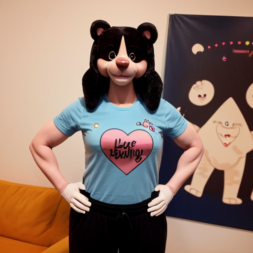 Species: Female care bear. Fur: Black. Features: large and muscular arms, huge muscles, circular eyes, eyelashes, sharp teeth, claws, busty, two meters tall, large breasts. Attire: Blue T-shirt and pants.