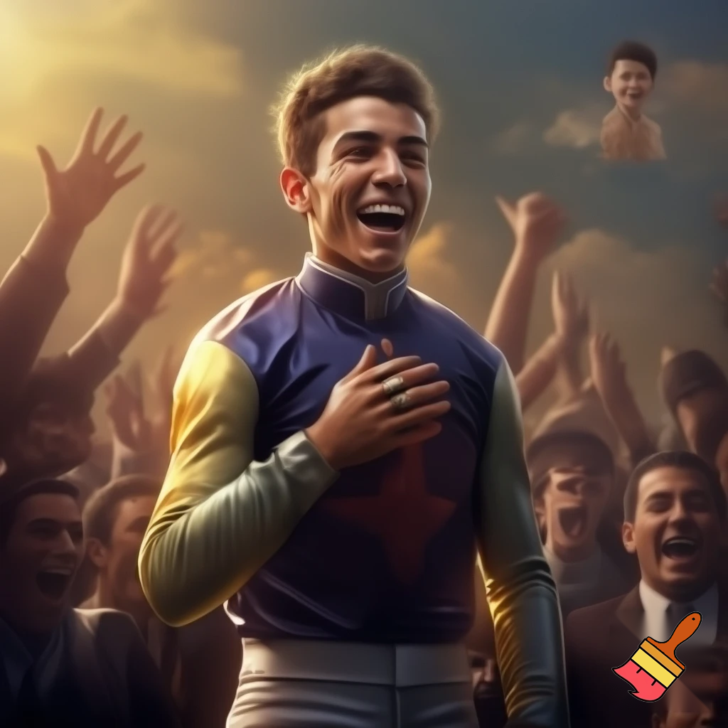 crer un image :Fillino et un frele jeune homme friser. Il est adult est petit. Sur sa main brillent trois chevaliere de c'est victoire passer. Il est favoris pour gagner la course du lendemain. Celebre jockey du phoenix. très acclamer. Il se gonfle de fierter devant la reaction des fan. Il a jamasi quitter la ligne de depart. fillino pleure. style realiste
