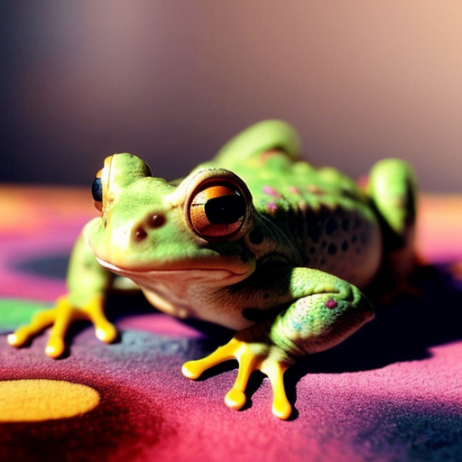 A hillarious, funny boho toad with some hippie colored coffee cups. Psychedelic decorated background, hyperrealistic.