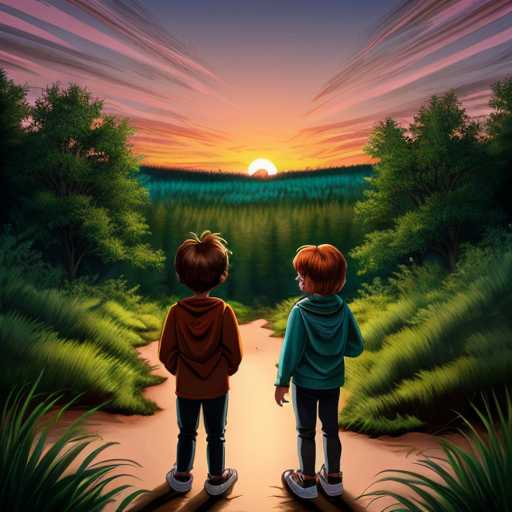 Two kids one girl one boy back to back in a forest sunset adventure  cartoon