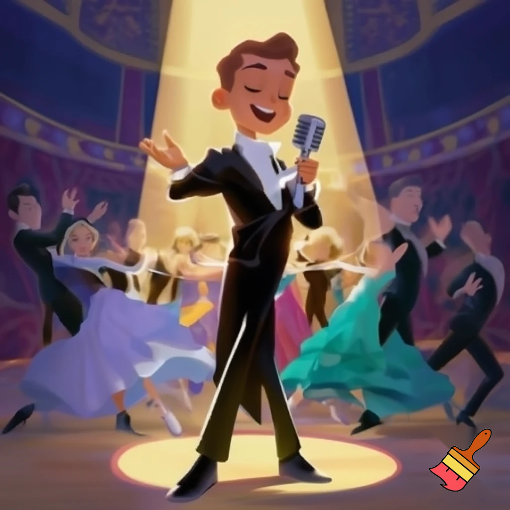 Preteen Boy in Top Hat White Bowtie Black Tailcoat Black Shoes singing in Microphone on a big stage with preteen Ballroom Dance Couples Dancing behind, the boys in black tailcoats, the girls in beautiful ballroom gowns