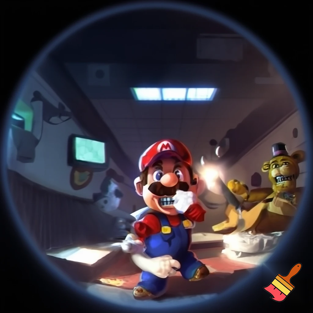 Mario playing five nights at Freddy's pizzeria simulator