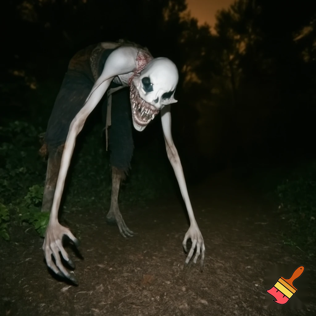 creepy dark photorealistic wendigo on trailcam