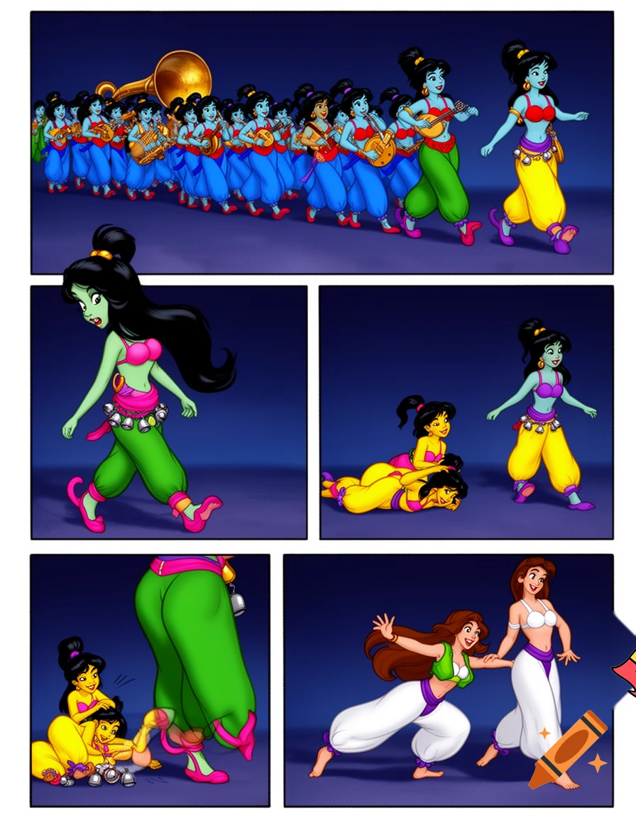 90's disney's 2d aladdin style comic dark blue background and panels of panel 1 a marching band of black haired ponytail women  with blue skin,blue harem pants red bra and red sash and red curved slippers and each playing an instrument while marching out of the remains of the belly bugle. 
Panel 2 followed by a giant black haired ponytail woman with green skin,green harem pants pink bra and pink curved slippers sash with cowbells who marches in front of a black haired ponytail woman with yellow skin, yellow harem pants, purple bra and purple sash and purple curved slippers . 
Panel 3 then the giant black haired ponytail woman with green skin,green harem pants pink bra and pink curved slippers sash with cowbells  who repeatedly steping and squishing on a black haired ponytail woman with yellow skin, yellow harem pants, purple bra and purple sash and purple curved slippers 
Panel 4 The black haired ponytail woman with yellow skin,yellow harem pants purple bra and purple sash and purple curved slippers eventually has enough and sneaks behind the giant black haired ponytail woman with green skin,green harem pants pink bra and pink sash and pink curved slippers 
panel 5 The curvy figure woman with brown hair barefoot with white harem pants with a purple sash and green vest and white bra then kicks the giant black haired ponytail woman with green skin,green harem pants pink bra and pink sash and pink curved slippers in the butt. 
Panel 6 then the giant black haired ponytail woman with green skin,green harem pants pink bra and pink sash and pink curved slippers split into three black haired ponytail women with big breast and hips green skin,green harem pants pink bra and pink sash and pink curved slippers.