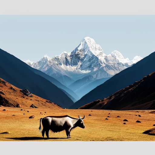 “A realistic painting of the Nepal Himalayas, featuring a yak and chyangba in traditional style, vivid colors, sunlight highlighting the mountains, ultra-detailed, 100% hand-painted look, professional digital painting style