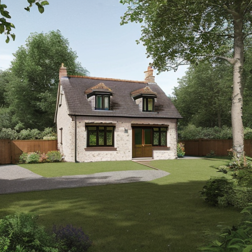 front elevation of a detached cottage in the woods
