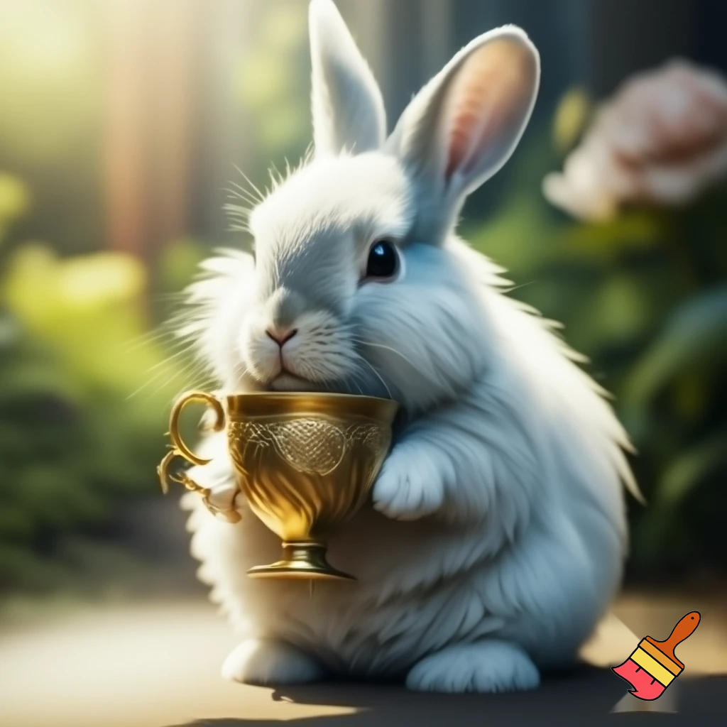 A white rabbit holding the would cup