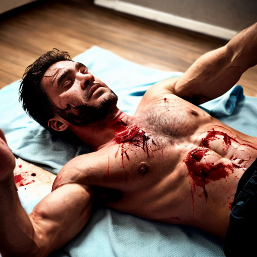shirtless random man (neighbor, not everyone has 6 pack.), face are hiding by shirt, died already, chest are open wounded circle in random man, blood everywhere, eye closed, floor (on random place) on corpse body.