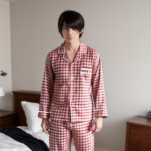 a anime boy
 with red plaid red pajama pants and white shirt standing up


