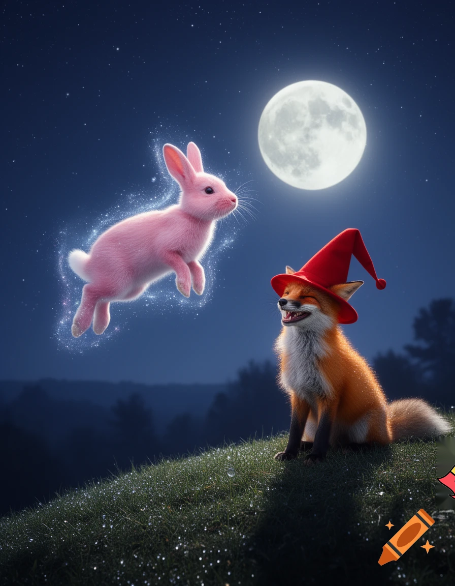 then the magic drag the pink rabbit to the moon well the fox with a red hat lafing at her