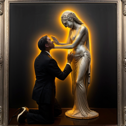 painting. Focus on goddess Desirea, her body covered only by transparent silk veils and thin silver chains. She is leaning forward, offering a glowing ornate chalice. In the foreground, a mature businessman in a sharp dark suit is kneeling, his arms outstretched in desperate supplication to receive the potion. Dramatic contrast between ancient divinity and modern man, ethereal lighting, soft glowing crescent moon, masterpiece, 8k."