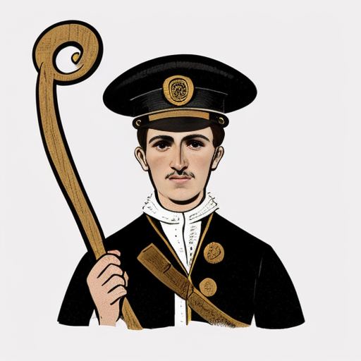 Illustration of a constable (alguacil) from 17th century Spain.
Authority figure, simple uniform, serious expression.
Holding a staff or symbol of justice.
Classic old illustration style.
White background for infographic.


