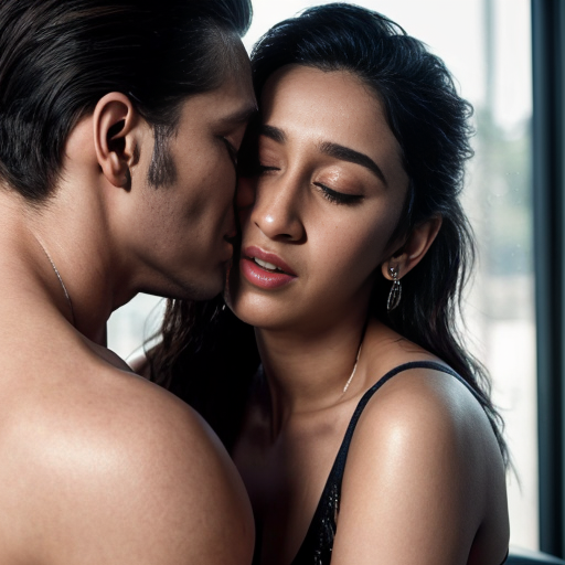 A hyper-realistic photography of shraddha kapoor hot bikini in a deep, stylish embrace and saliva kiss with oldman. Sharp focus on the facial features, showing the pressure of the lips and closed eyes with detailed eyelashes. Dramatic Chiaroscuro lighting, rain droplets on skin, high fashion aesthetic. Shot on Leica M11, extremely detailed, 8k, moody and sophisticated.