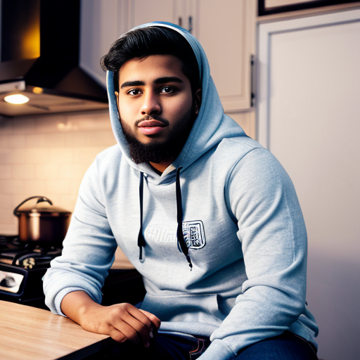 Pixar-style 3D cartoon, bright friendly colors, kitchen scene. Muslim mother, 35-40 years old, fully covered in light blue dress, cooking on the stove. Her son, 20 years old, wearing a blue hoodie and black jeans, short Muslim hairstyle, sitting at the table. Warm lighting, cozy atmosphere, detailed kitchen, natural composition young Muslim man, 20 years old, blue hoodie, black jeans, short Muslim hairstyle, bearded, round face, brown eyes