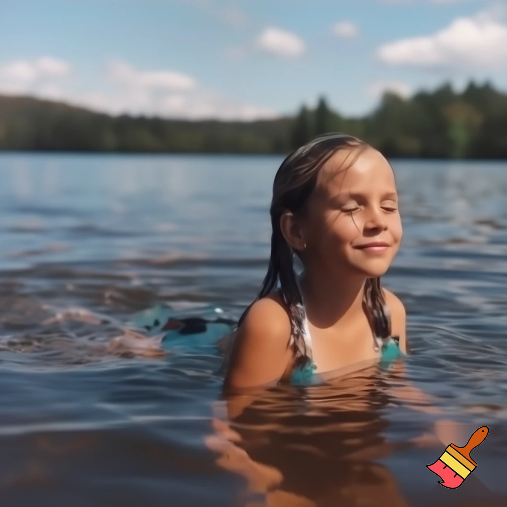 un chica nadado en un lago sin ropa
