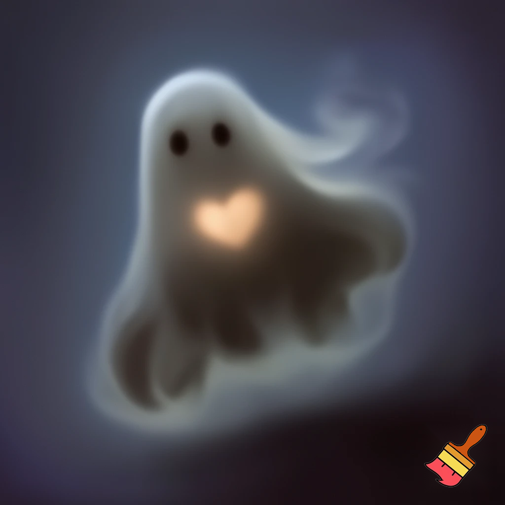A ghost-like smoke creature made of shifting gray mist with a faint glowing heart at the center. His form is vague and semi-transparent, like a shadow trying to hold a shape. He floats instead of walking, with soft trails of vapor drifting behind. His appearance is quiet, fragile and mysterious, with a slightly anxious aura.