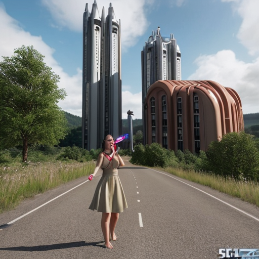 Asland Human cute little girl with light brown hair, blue eyes, light beige sci-fi futuristic long dress and barefoot, when holding the fkag of Asland with white field and red-linned black saltire and group of Asland Human peoples on sci-fi futuristic road at Hammerstein beige sci-fi futuristic castle with red brick sci-fi futuristic roofs and beige sci-fi futuristic towers with red brick sci-fi futuristic roofson hill in Asland landscape with taiga forest, hills, meadows, beige-green-brown fields, villages with beige sci-fi futuristic houses with red brick sci-fi futuristic roofs and cloudy sky in 2621.