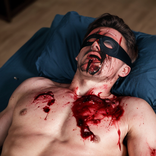 A shirtless man, face are hiding by shirt with cut on eye part, died, chest open wounded, blood everywhere, mouth are bleeding blood, eye closed.