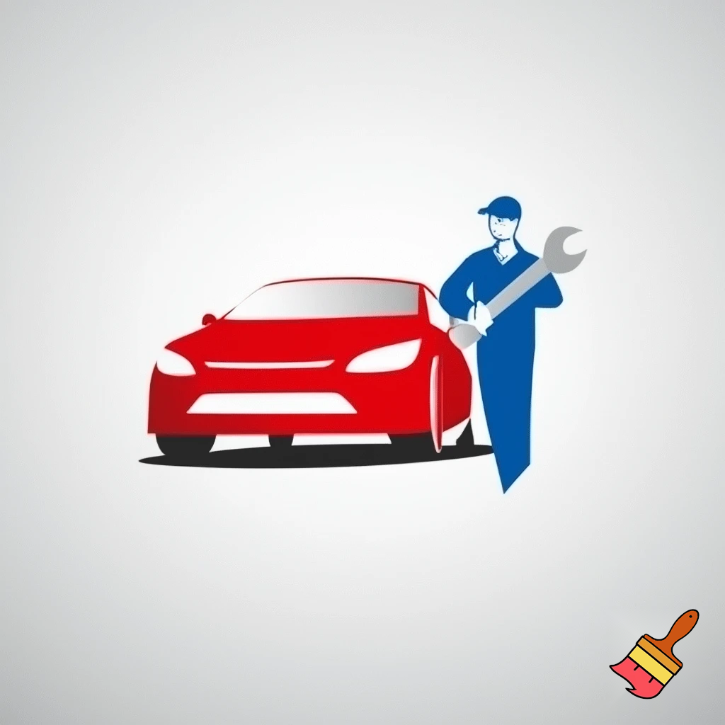 Erstelle ein Logo mit einem weißem Hintergrund. Es soll ein rotes Auto zusehen sein. Rechts daneben steht ein Mechaniker in blau gekleidet und einem Schraubenschlüssel in der Hand.