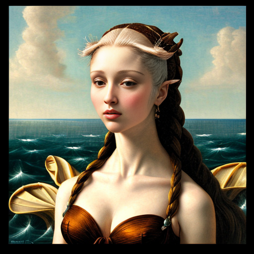 Obrázok inšpirovaný zrodenim venuse ale vysoka bielovlsou zena