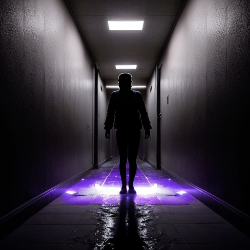 A hyper-realistic liminal space horror scene. A towering, multi-legged shadow entity with a giant, toothy vertical mouth stands in a claustrophobic corridor. The walls are lined with glowing purple fluorescent lights reflecting off a wet, slimy checkered floor. Body horror, analog horror aesthetic, high detail, scary, dark photography.
