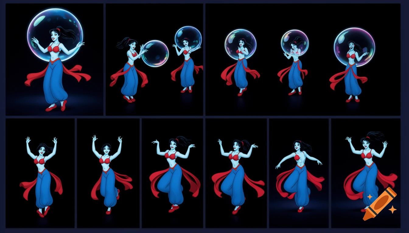 90's disney's 2d aladdin style comic black background and panels of panel 1 giant bubble that transforms into a black haired ponytail woman  with blue skin, blue harem pants red bra and red sash and red curved slippers. 
Panel 2 the blue skinned black haired ponytail woman with blue harem pants red bra and red sash and red slippers then blows a second bubble that transforms into another black haired ponytail woman with blue skin,blue harem pants, red bra and red sash and red slippers. 
Panel 3 then the second black haired ponytail blue skinned woman with blue harem pants and red bra and red sash and red curved slippers then blows a third bubble that transforms into the third black haired ponytail woman with blue skin, blue harem pants and red bra and red sash and red curved slippers. 
Panel 4 and then the third black haired ponytail woman with blue skin, blue harem pants and red bra and red sash and red curved slippers then blows a fourth bubble that transforms into the fourth black haired ponytail woman with blue skin blue harem pants and red bra and red sash and red curved slippers. 
Panel 5 Then the four black haired ponytail women with blue skin , blue harem pants, red bra and red sash and red curved slippers then raising their arms and hands together  
panel 6 and the four Black hair ponytail women with blue skin ,blue harem pants red bra , and red curved slippers swaying their hips. 
Panel 7 then the belly bugles of the four black haired ponytail Women with blue skin, blue harem pants, red bra and red sash and red curved slippers merging and fusing together and swelling. 