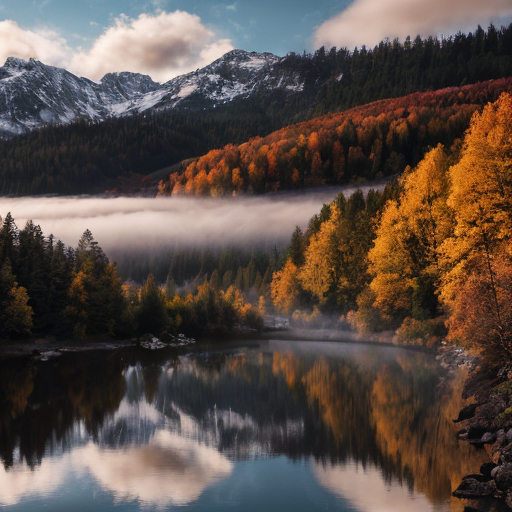 A breathtaking 4K ultra-high-definition landscape wallpaper, photorealistic, shot with a 50mm lens at golden hour. A serene mountain lake reflecting snow-capped peaks and vibrant autumn forests, mist rising gently from the water, soft sunlight breaking through clouds, rich textures in rocks and foliage, cinematic lighting, extremely detailed, sharp focus, no watermark, 16:9 aspect ratio.