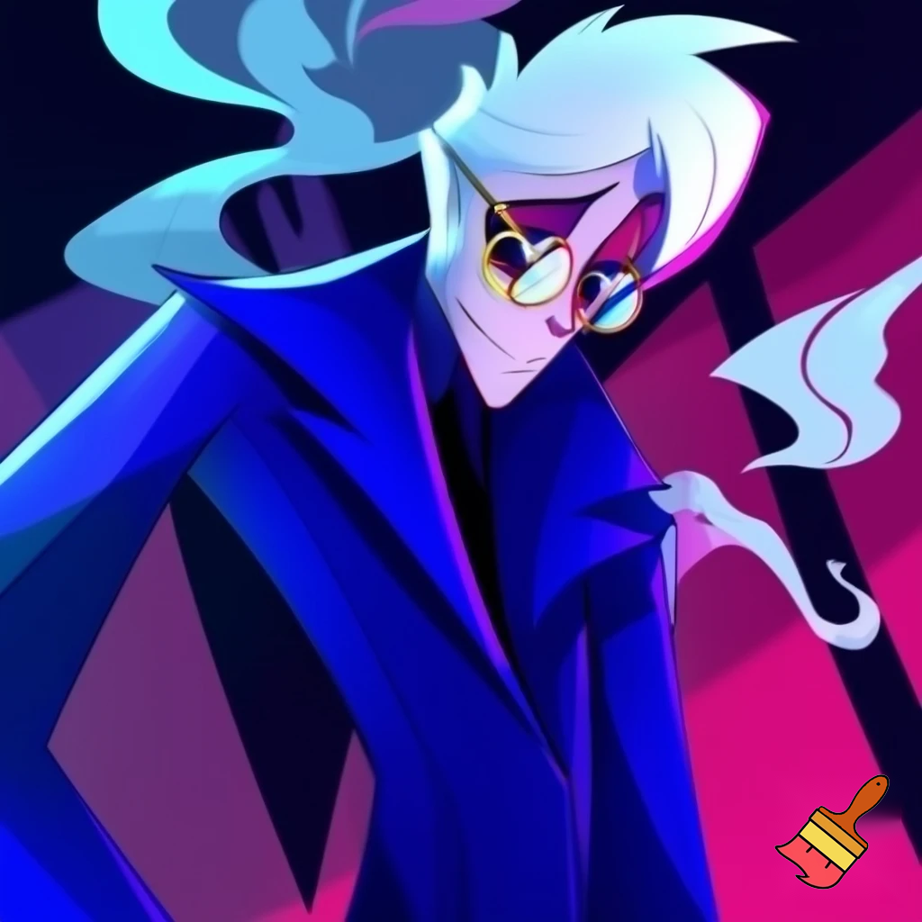 A tall, lean pale man with white hair, distinctive round brass glasses In cartoonish art style of hazbin hotel wearing his signature blue overcoat and smoke curling around him