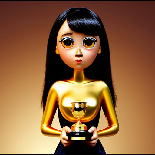 the emotion proud one person gold holding trophy Pixar cartoon style gold skin big eyes 