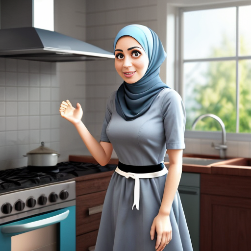 Pixar-style 3D cartoon character, standing at the stove, cooking gesture, exaggerated cartoon features, big expressive eyes, Muslim woman 35-40 years old, fully covered in wide light blue dress, headscarf covering all hair, modest appearance, gray background, consistent character, simple cartoon style, cinematic lighting