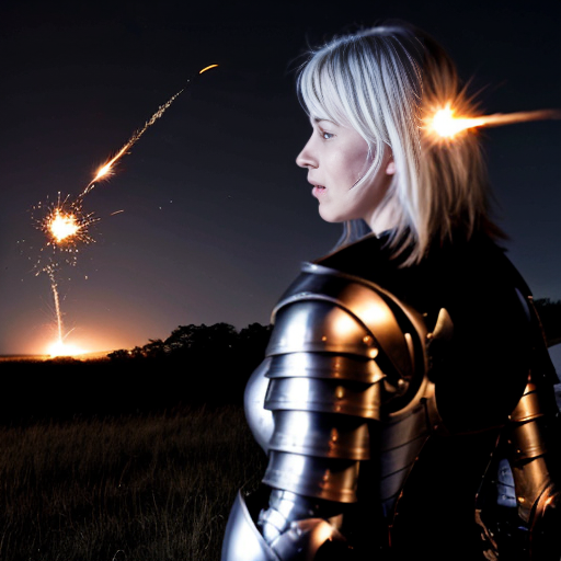 young white-haired woman in armor watches as meteorites fall on her castle